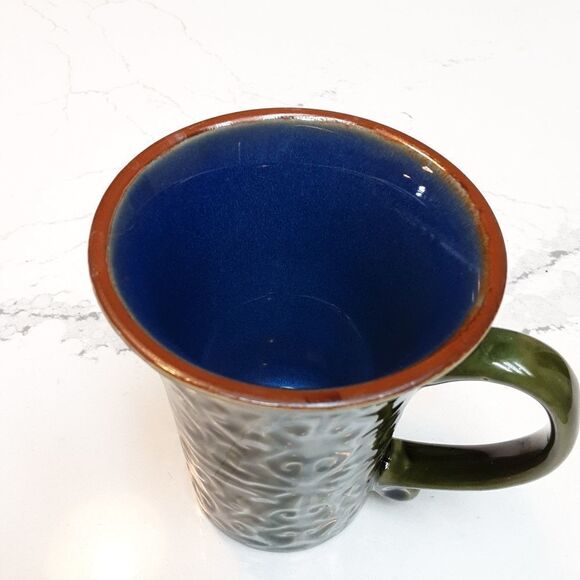 GIibson‎ Mug Rustic Green Cobalt Blue Brown Embossed Coffee Mug 10 oz - Picture 2 of 4